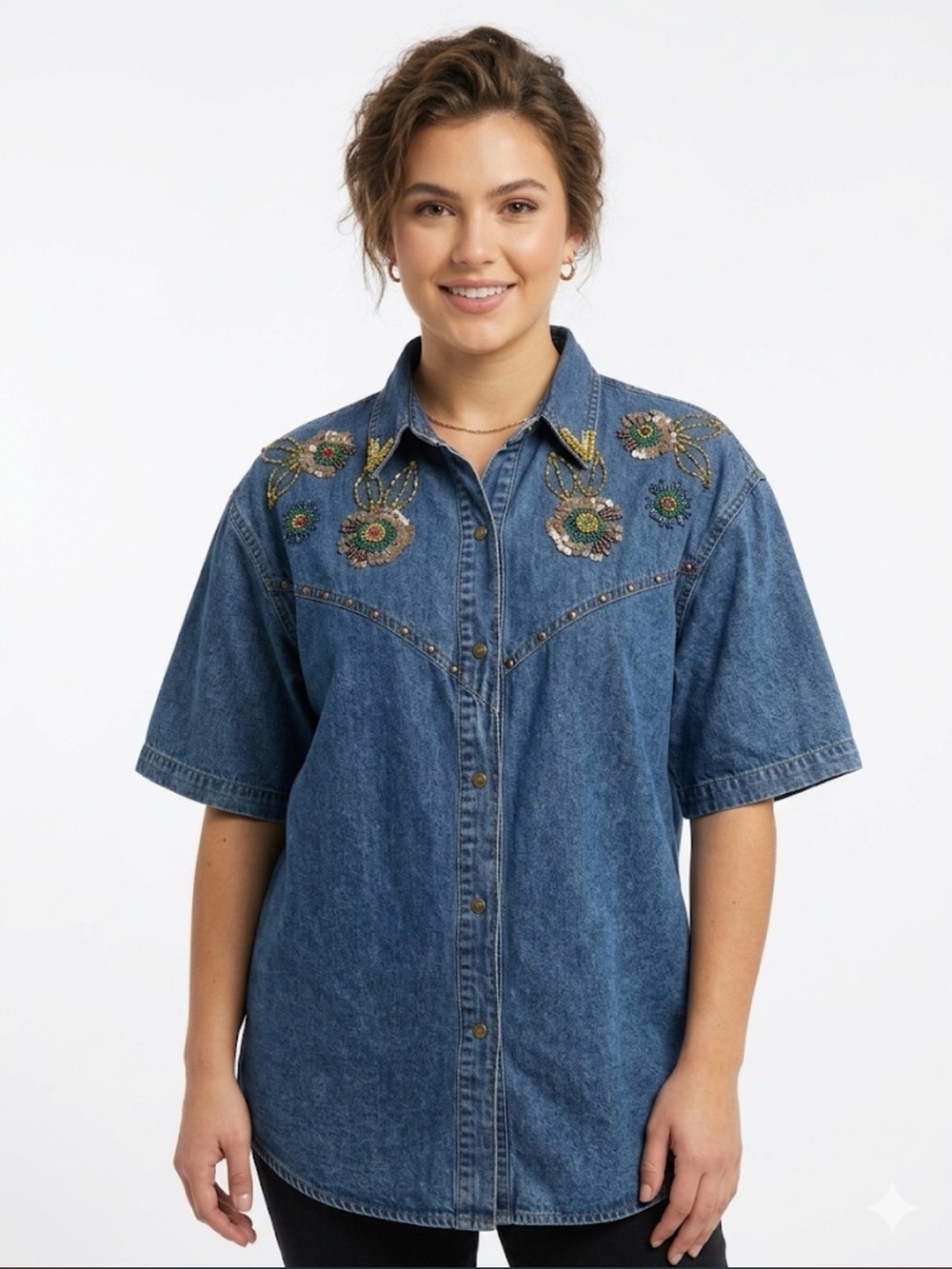 Beaded Embroidered Denim Shirt-Skirt in Blue